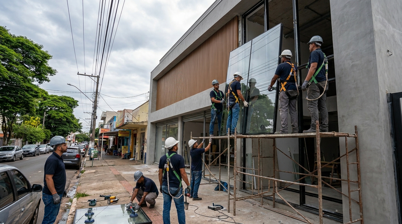 Fachada de vidro com andaime lateral em Volta Redonda-RJ