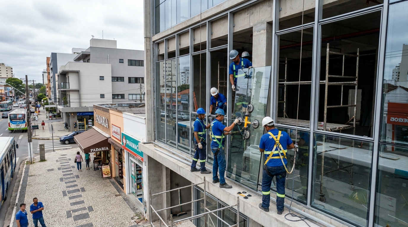 Fachada de vidro com padaria em frente em Volta Redonda-RJ