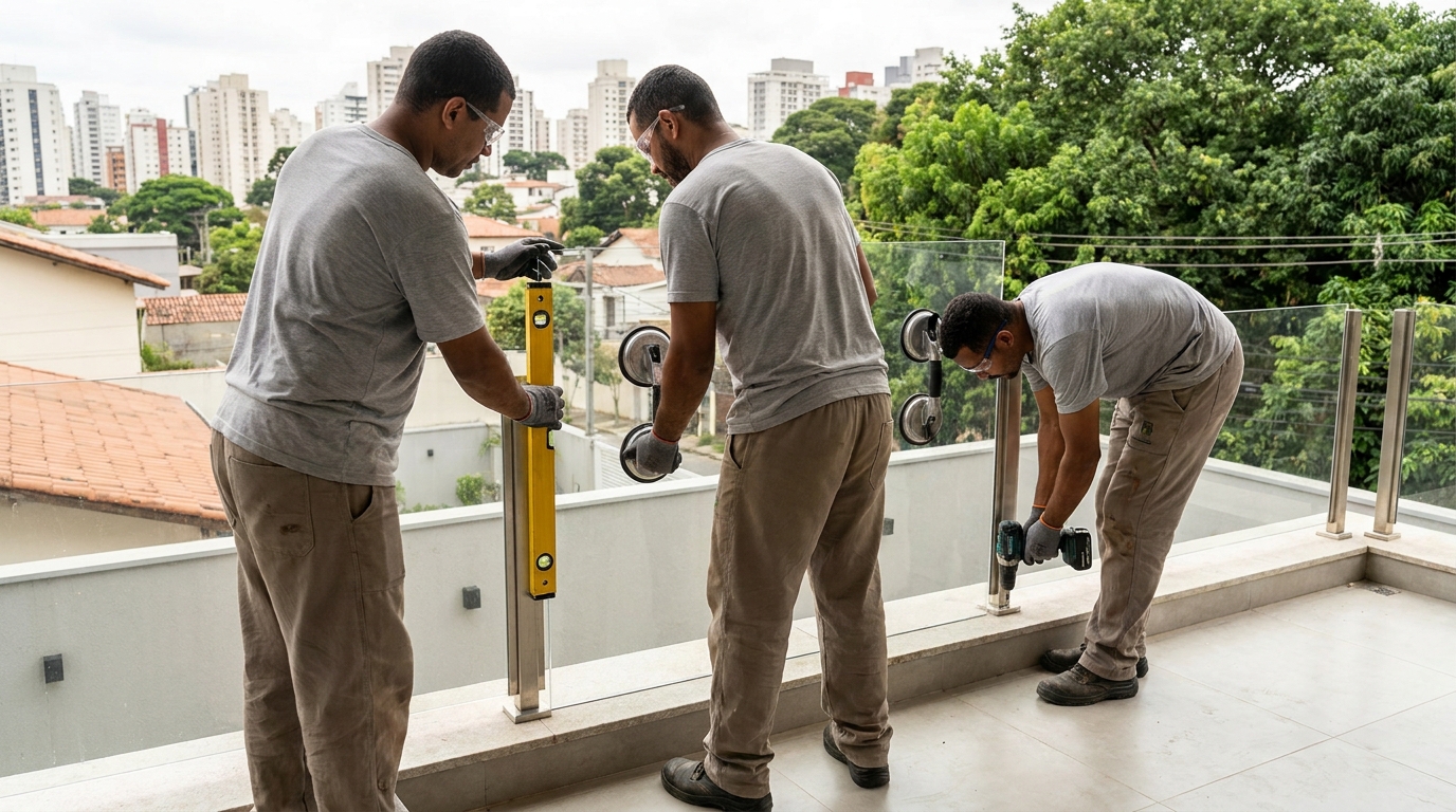 Guarda-corpo em terraço alto com vista cidade em Volta Redonda-RJ