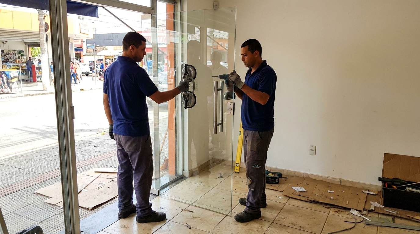 Porta de vidro de loja em rua movimentada em Volta Redonda-RJ