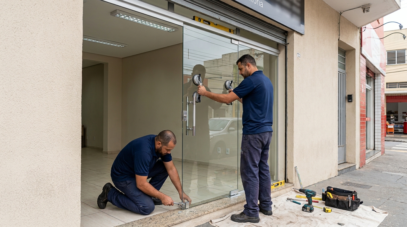 Porta de vidro com puxador inox em Volta Redonda-RJ